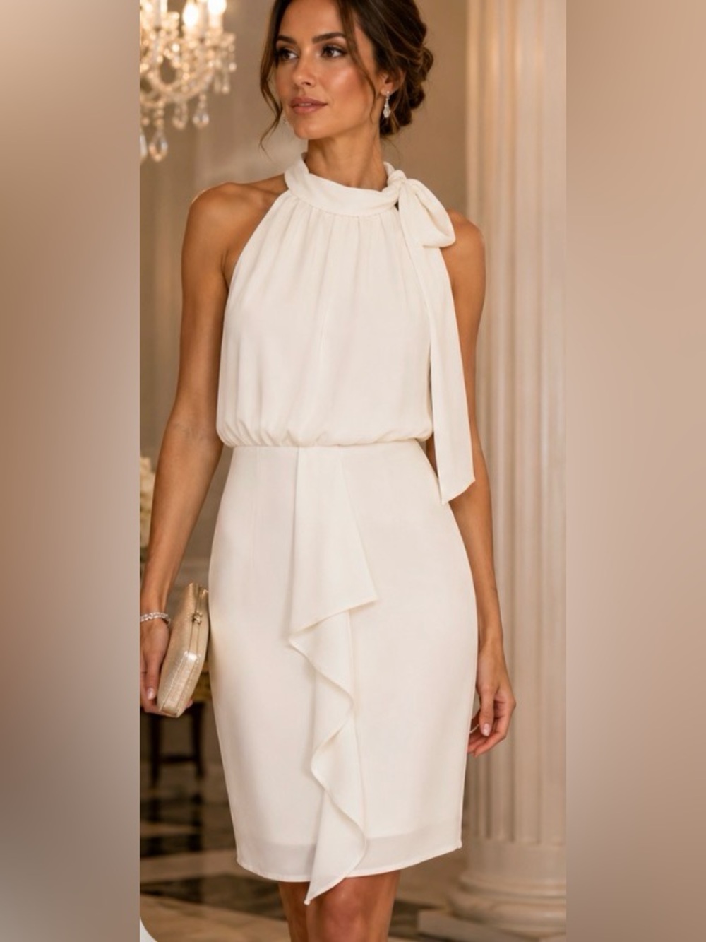Halston Heritage White Tie Neck Cocktail Dress Size 8 Sleeveless Lined Wedding